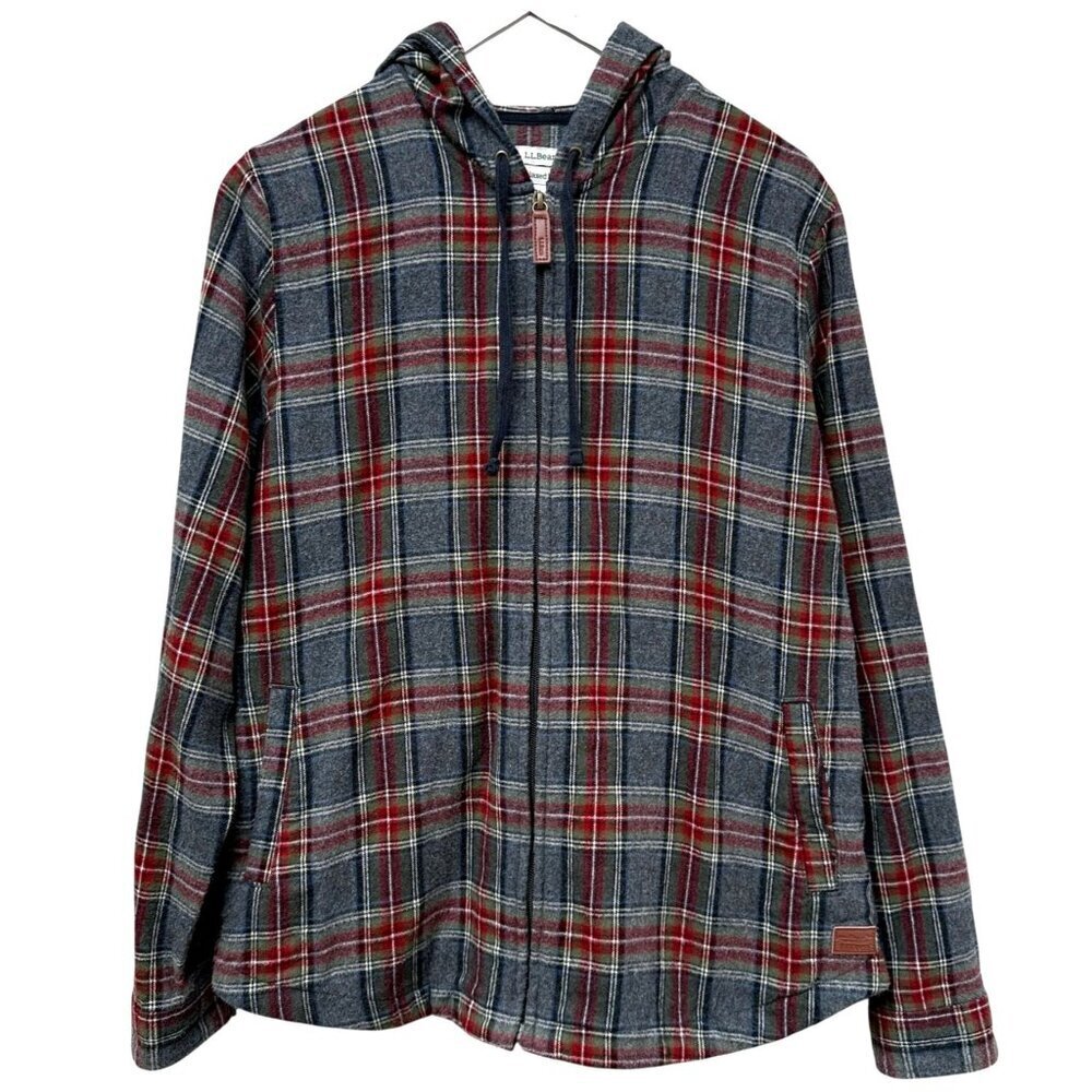 LL BEAN Women's Scotch Plaid Flannel Shirt Medium Relaxed Zip Hoodie Jacket